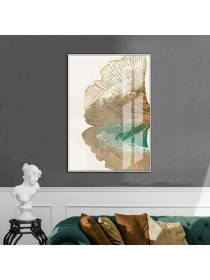 Harikabirev |yeşil-Krem-Gold Yaprak Modeli 1 |çerçeveli Temperli Cam Tablo Tekli Dikey