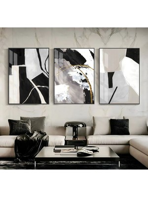 Harikabirev antrasit Gri-Siyah En Sevilen Soyut Kombini |çerçeveli Cam Tablo 3lü Dikey