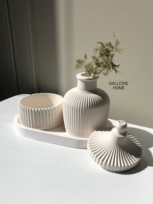 Dekoratif Çizgili Mumluk Vazo Set /minimal Set /oval Tabak /3 Parça