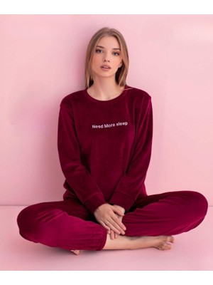 Pijamerry Kadın Kışlık Bisiklet Yaka Kadife Pijama Takımı 3044B - 1 Adet