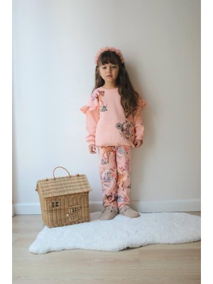 Sacro Kids Bambi Desenli Fırfır Detaylı Eşofman-Sweatshirt 3 Iplik Şardonlu Kışlık Kız Çocuk Takım