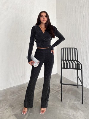 Infome Kadın V Yaka Simli Bluz - Pantolon Takım Önü Çapraz Dekolte