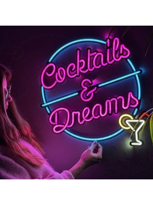 Tol Camp Cocktails And Dreams Neon Duvar Dekoru - Tropikal LED Işık - Metal Üzerine Neon Süsü | 45.5 cm x 48 cm