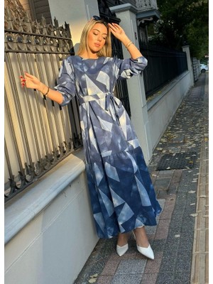 Kadın Uzun Kollu Bisiklet Yaka Geometrik Desen Baskılı Kuşak Dahil Maxi Boy Elbise