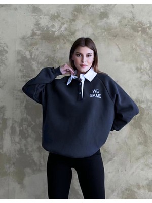 Lacivert Oversize Sweatshirt Beyaz Gömlek Yakalı Düğmeli Nakış Işlemeli