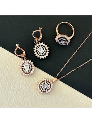 Jeicon Atelier 19,10 gr Rose Renk Oval İçinde Baget Tasarım 925 Gümüş Elmas Montür Kolye Yüzük Küpe Set