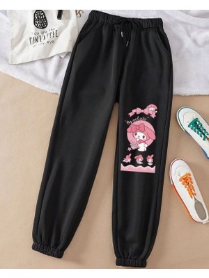 Kids Face Özel Tasarım My Melody Kuromi Baskılı Şardonlu Kışlık Dış Mekan Kız Çocuk Eşofman Altı