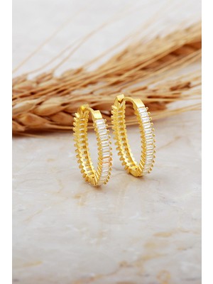 Sümer Telkari Baget Taşlı Büyük Boy Altın Kaplama Gümüş Oval Halka Küpe 7127