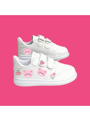 Lias Shoes Tatlı Pembe Ayıcıklar Baskılı Bantlı Beyaz Kız Çocuk Spor Ayakkabı Sneaker