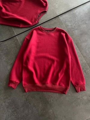 Pileli Store Kışlık Bisiklet Yaka Üç İplik Basic Sweatshirt - Bordo