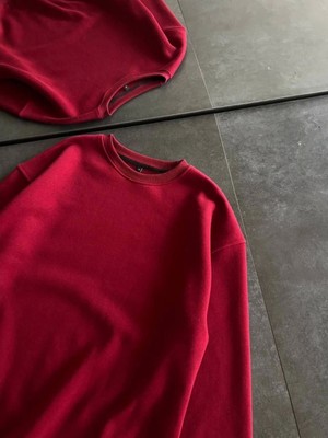 Pileli Store Kışlık Bisiklet Yaka Üç İplik Basic Sweatshirt - Bordo