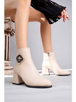 MARSHETTA Grace Model Bej Yuvarlak Burun Kalın Topuklu Yandan Fermuarlı Kadın Bot