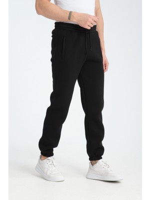 RDR-X Erkek Siyah 3 Iplik Rahat Kesim Paça Lastikli Kışlık Eşofman Altı