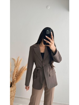 Premium Kalite Kemerli Astarlı Double Kalın Kumaş Blazer Ceket Kahve