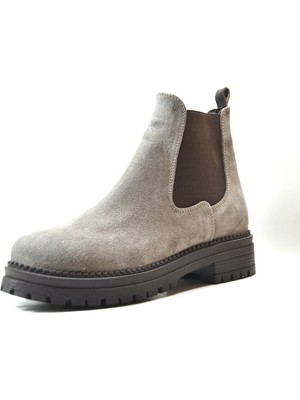 Onlo Ayakkabı DL.0087  Deri Nubuk Vizon & Siyah Kalın Taban Kadın Bot