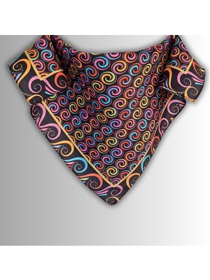 Pozitif Marka Siyah Fular Bandana Ipeksi Twill Saten Kumaş Çok Renkli Spiral Desenli