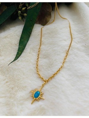 Çelik Mavi Taş Detay Gold Kolye