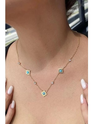 Altın Renk Güneş ve Taş Figürlü Çelik Kolye