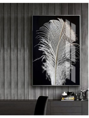 Harikabirev sevilen Kuş Tüyü Siyah Beyaz 1 |çerçeveli Temperli Cam Tablo Tekli Dikey