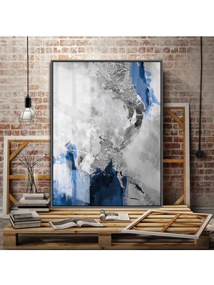 Harikabirev lacivert-Gümüş Sevilen Tüy-Soyut Tablosu Sol |çerçeveli Temperli Cam Tablo Tekli Dikey