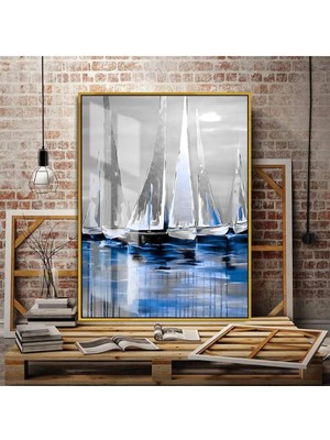 Harikabirev lacivert-Gümüş Renk Yelkenli Tablosu |çerçeveli Temperli Cam Tablo Tekli Dikey
