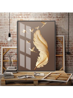 Harikabirev sevilen Krem Gold Kuş Tüyü |çerçeveli Temperli Cam Tablo Tekli Dikey