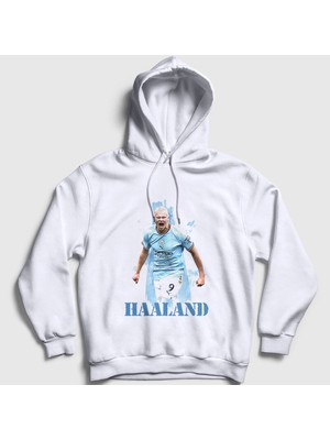 Presmono Unisex Beyaz Erling Haaland Spor Futbol Kapüşonlu Sweatshirt