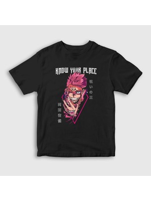 Presmono Unisex Çocuk Siyah Know Your Place Sukuna Jujutsu Kaisen T-Shirt