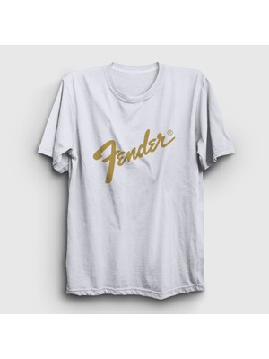 Presmono Unisex Beyaz Logo Fender Gitar Gitarist T-Shirt