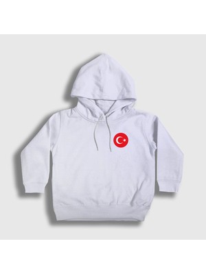 Presmono Unisex Çocuk Beyaz Türk Bayrağı Ay Yıldız Yuvarlak Logolu Kapüşonlu Sweatshirt