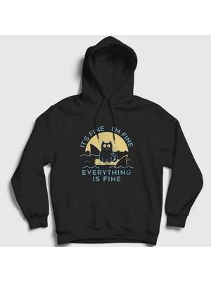 Presmono Unisex Siyah Everything Is Fine Cat Kedili Kapüşonlu Sweatshirt