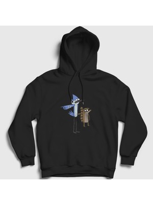 Presmono Unisex Siyah Pointing Mordecai And Rigby Regular Show Kapüşonlu Sweatshirt