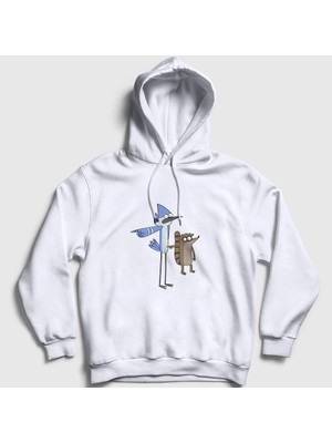 Presmono Unisex Beyaz Pointing Mordecai And Rigby Regular Show Kapüşonlu Sweatshirt