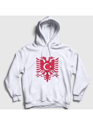 Presmono Unisex Beyaz Albania Türkiye Arnavutluk Bayrağı Kapüşonlu Sweatshirt