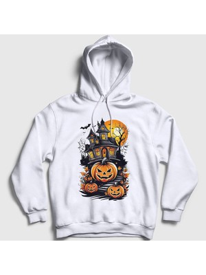 Presmono Unisex Beyaz Haunted House V2 Halloween Cadılar Bayramı Kapüşonlu Sweatshirt