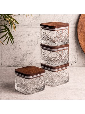 Snippy Milla Kare 4'lü Ahşap Vakumlu Kare Kapaklı Cam Kahvaltılık Çok Amaçlı Cam Çerezlik 230 ml