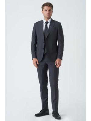 White Stone Antrasit Slim Fit Kalıp Esnek Likralı Kapaklı Cepli Takım Elbise