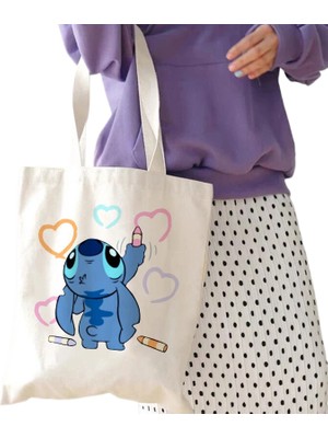 Syoosniq Y2K Disney Dikişli Tote Shopper Kanvas Çanta Eko Lilo ve Dikiş Alışveriş Çantası Kadın Tote Harajuku Kadın (Yurt Dışından)