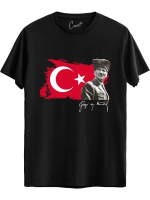 Çapıt Pamuk Standart Kesim Sıfır Yaka Kısa Kollu Ay-Yıldız ve Gazi M.kemal Atatürk Baskılı Tişört
