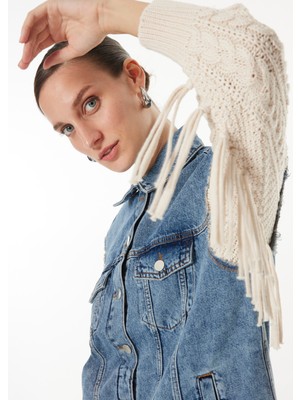 Fabrika Kadın Indigo Denim Ceket Regular Kalıp Gömlek Yaka Cepli Trend Stil F4WL-MNT0520