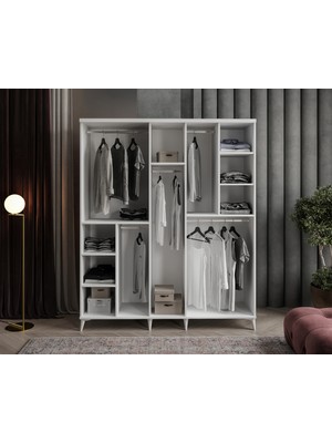 GuneyStore Ücretsiz Montaj - 100% MDF Milano 5 Kapaklı Beyaz Gardırop - MDF Dolap - Elbise Dolabı