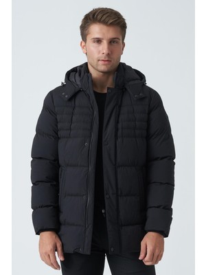 White Stone Siyah Çıkarılabilir Kapüşonlu Fermuar Cepli Şişme Mont