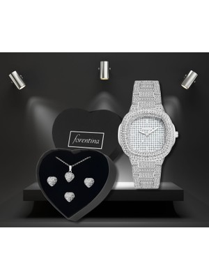 Forentina Gümüş Kaplama Kalpli Kolye Küpe Yüzük-Taşlı Metal Kol Saati PS3797