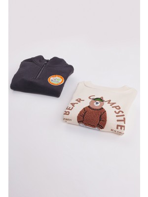 Harika Kids Erkek Çocuk 2'li Paket Kalın Sevimli Ayı Baskılı Sweatshirt