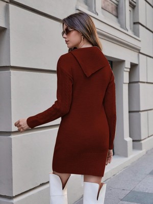 AQE FASHION Kadın Düğme Detaylı Uzun Kollu Saç Örgü Boğazlı Mendil Yaka Bordo Triko Tunik Elbise