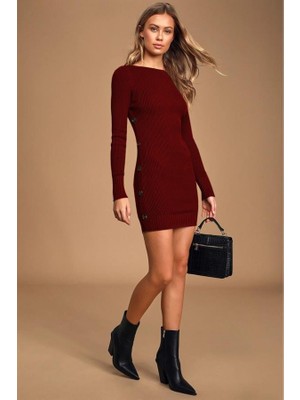 AQE FASHION Kadın Geniş Yaka Uzun Kol Yandan Düğme Detaylı Bordo Triko Elbise