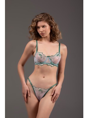 Sparkle and Glimmer Benedetta Green – Romantik Çiçek Işlemeli Yeşil Dantel Lingerie Takım