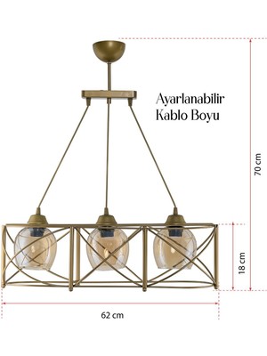 Dede Üçlü Curva Metal Avize  Sıralı Bal Rengi Camlı