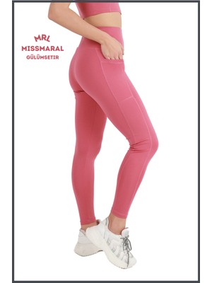 Miss Maral Kadın Gül Kurusu Yüksek Bel Toparlayıcı Çift Cepli Spor Tayt Bilek Boy  Slim Fit Görünüm 1057