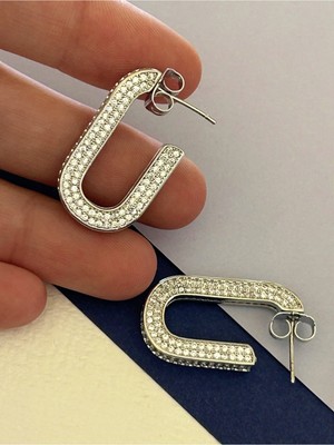 Jeicon Atelier Silver Renk Çelik Oval Zirkon Taşlı Küpe